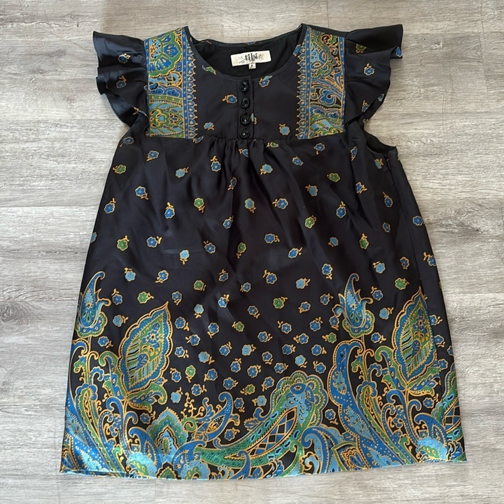 Tibi Black Silk Top Paisley Floral with ruffles Sz 8